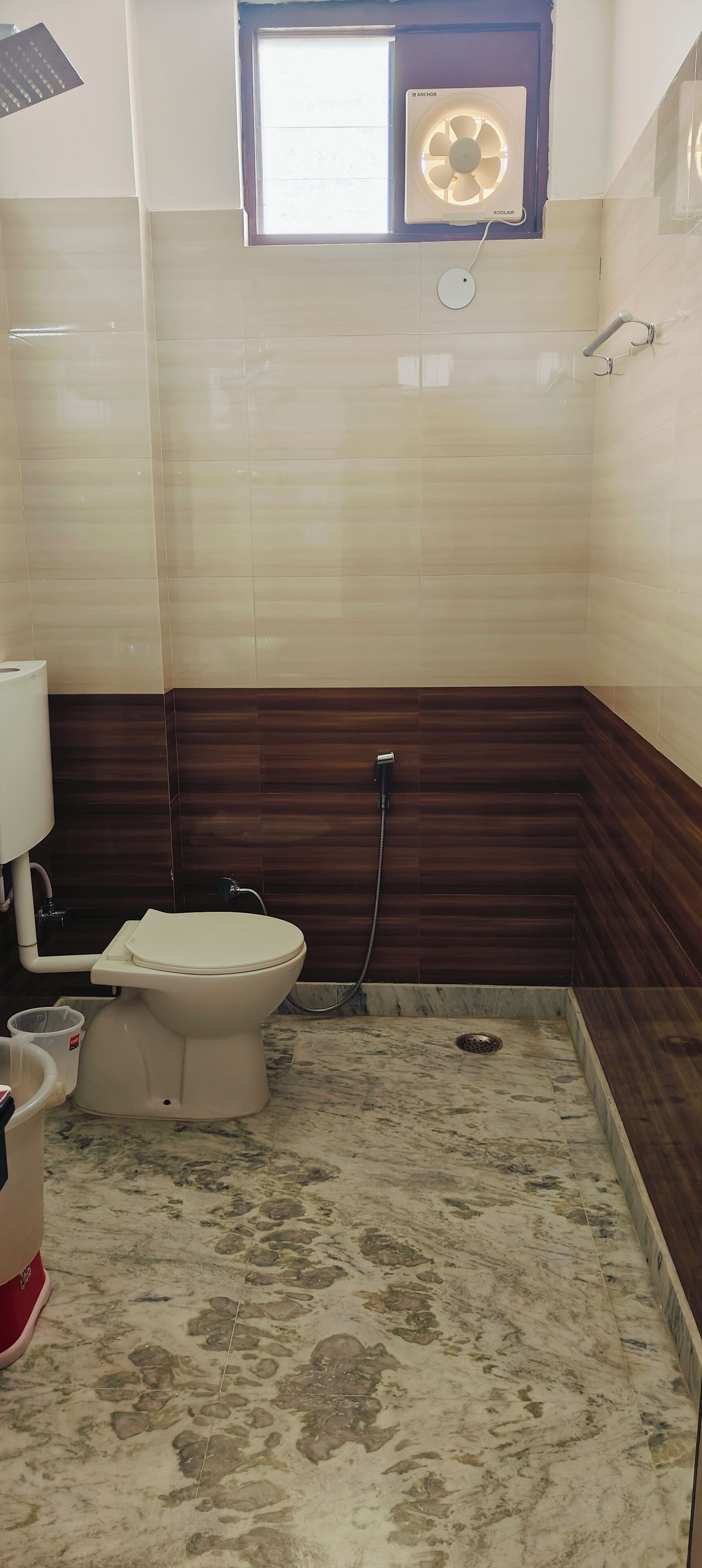 Shower, rainfall showerhead, towels, soap