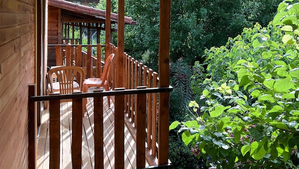 A wooden deck with a railing, a table, and chairs, surrounded by lush greenery.