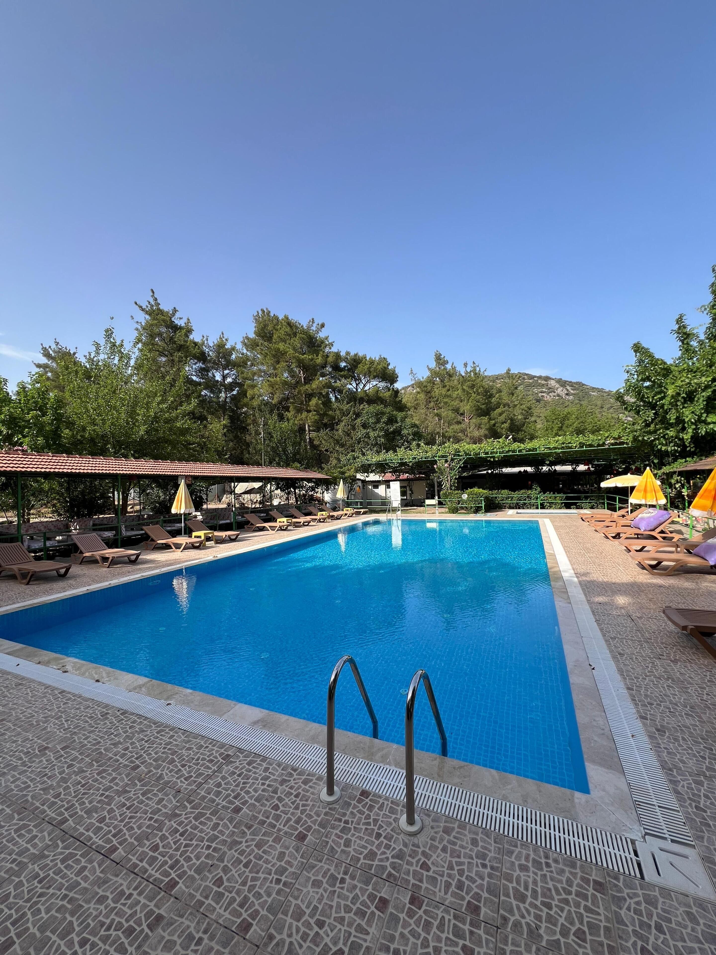 A rectangular swimming pool with clear blue water, surrounded by lounge chairs and umbrellas.