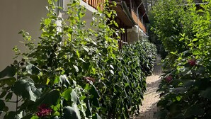 A covered outdoor area with a wooden fence, a brick pathway, and lush greenery.