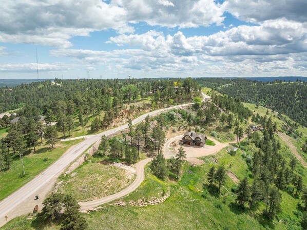 A winding road through a forested area with a house on a hill.