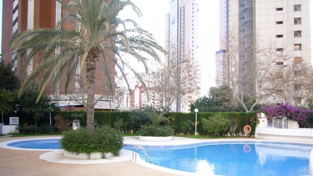 A swimming pool with a curved design, surrounded by a paved walkway and lush greenery. Tall buildings are visible in the background. - PARQUE EUROPA (1 BEDROOM) (Benidorm)