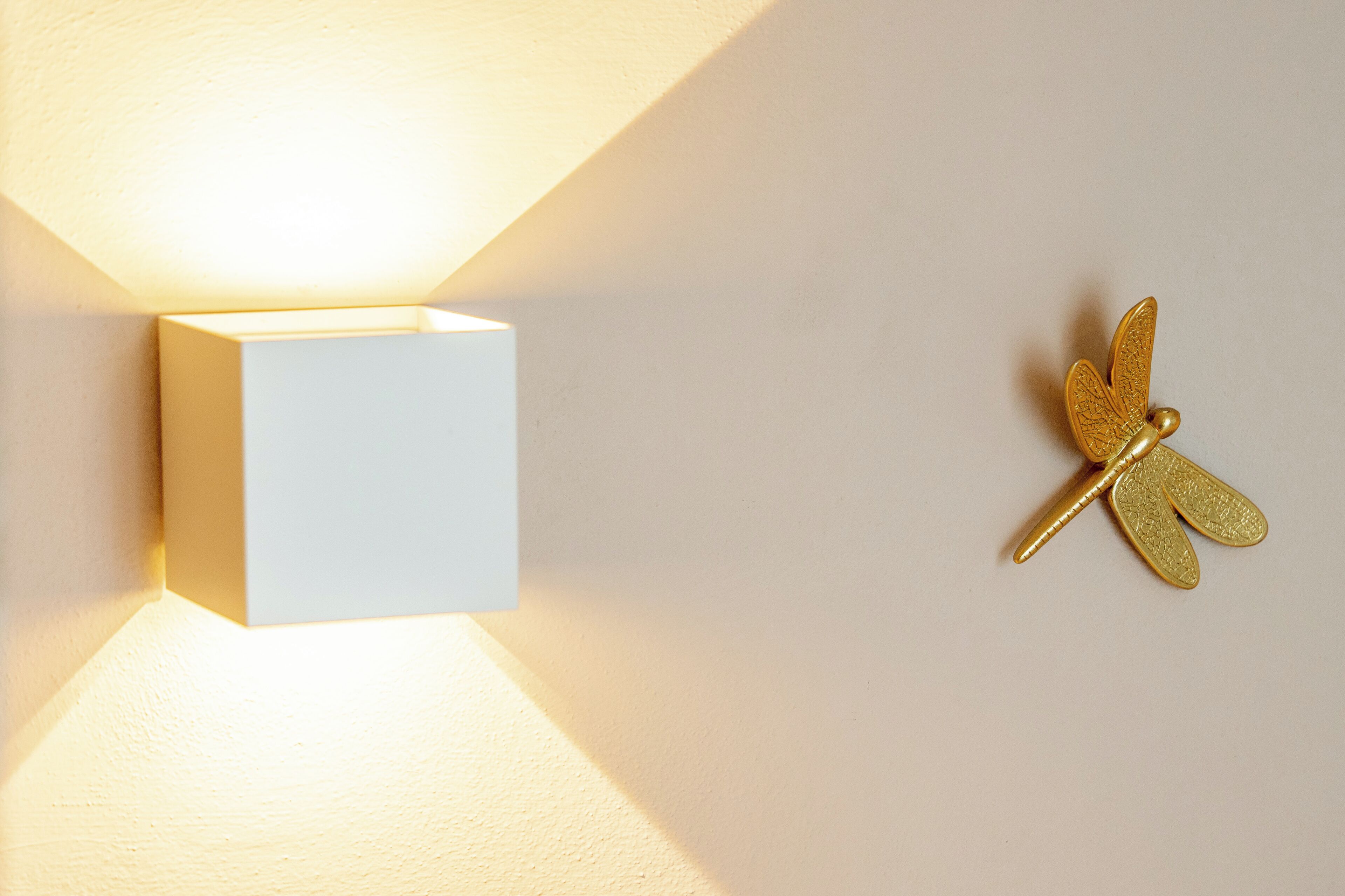 A wall-mounted light fixture with a square base and a decorative gold dragonfly.