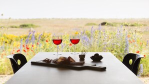 Een gedekte tafel voor twee met twee glazen rode wijn, een klein schaaltje en een bord eten.