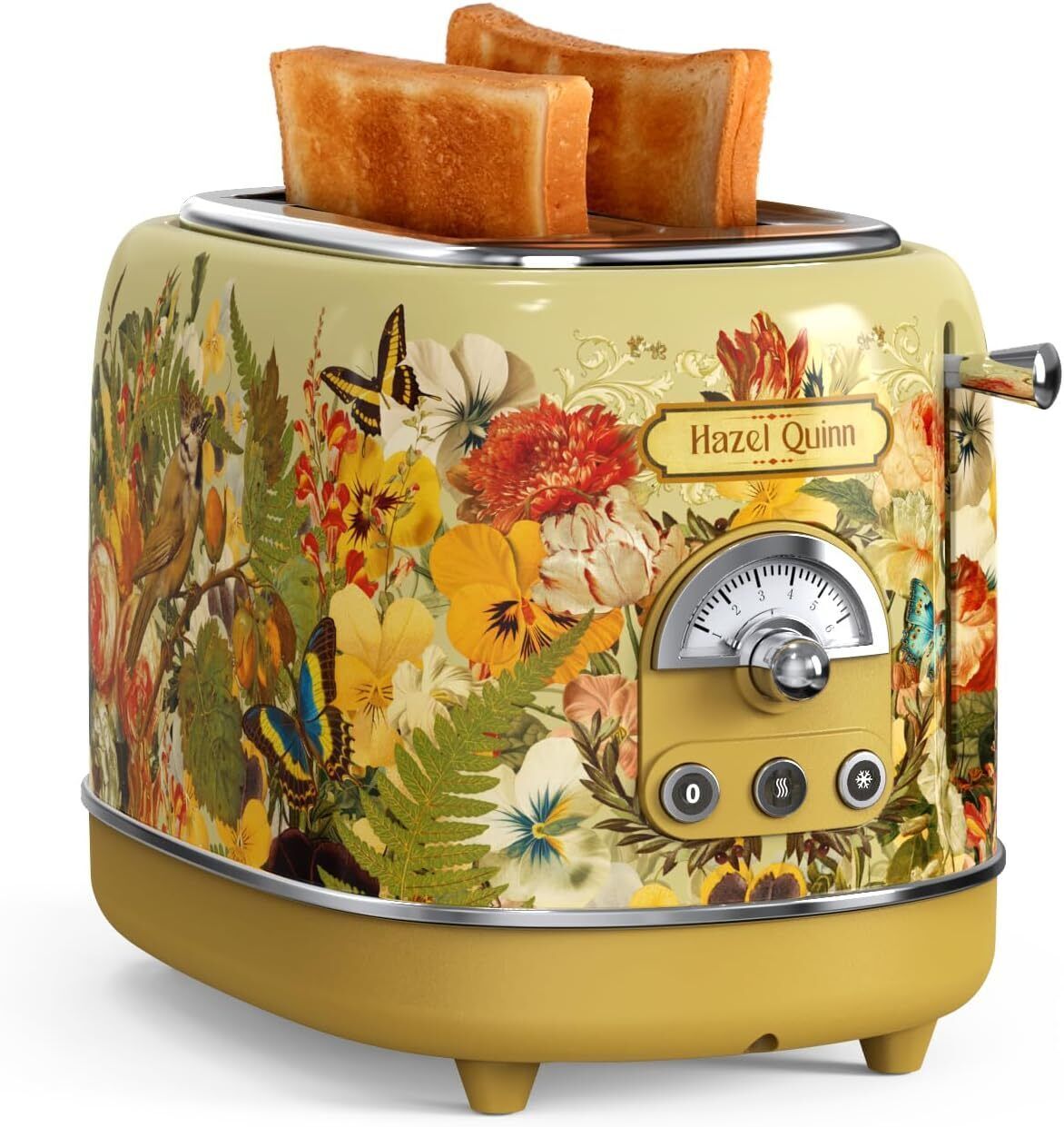 A vintage toaster with floral designs and the brand name "Hazel Quinn" on it.