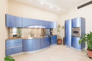 Fridge, oven, stovetop, coffee/tea maker