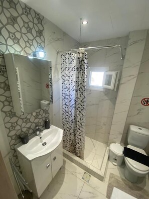 Une salle de bain avec douche, toilettes et lavabo.