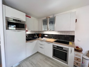 Fridge, microwave, dishwasher