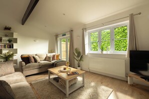 A living room with a sofa, coffee table, and a television. There are windows with curtains, a radiator, and a bookshelf with books and decorative items.