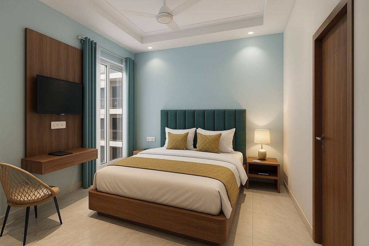 Quarto de hotel moderno com cama, televisão presa à parede, cadeira, mesa de cabeceira com abajur e guarda-roupa.