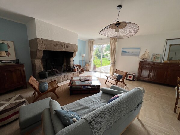 Télévision, cheminée, livres, chaîne hi-fi