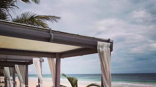 Una cabaña frente a la playa con vista al océano, una playa de arena y una palmera.