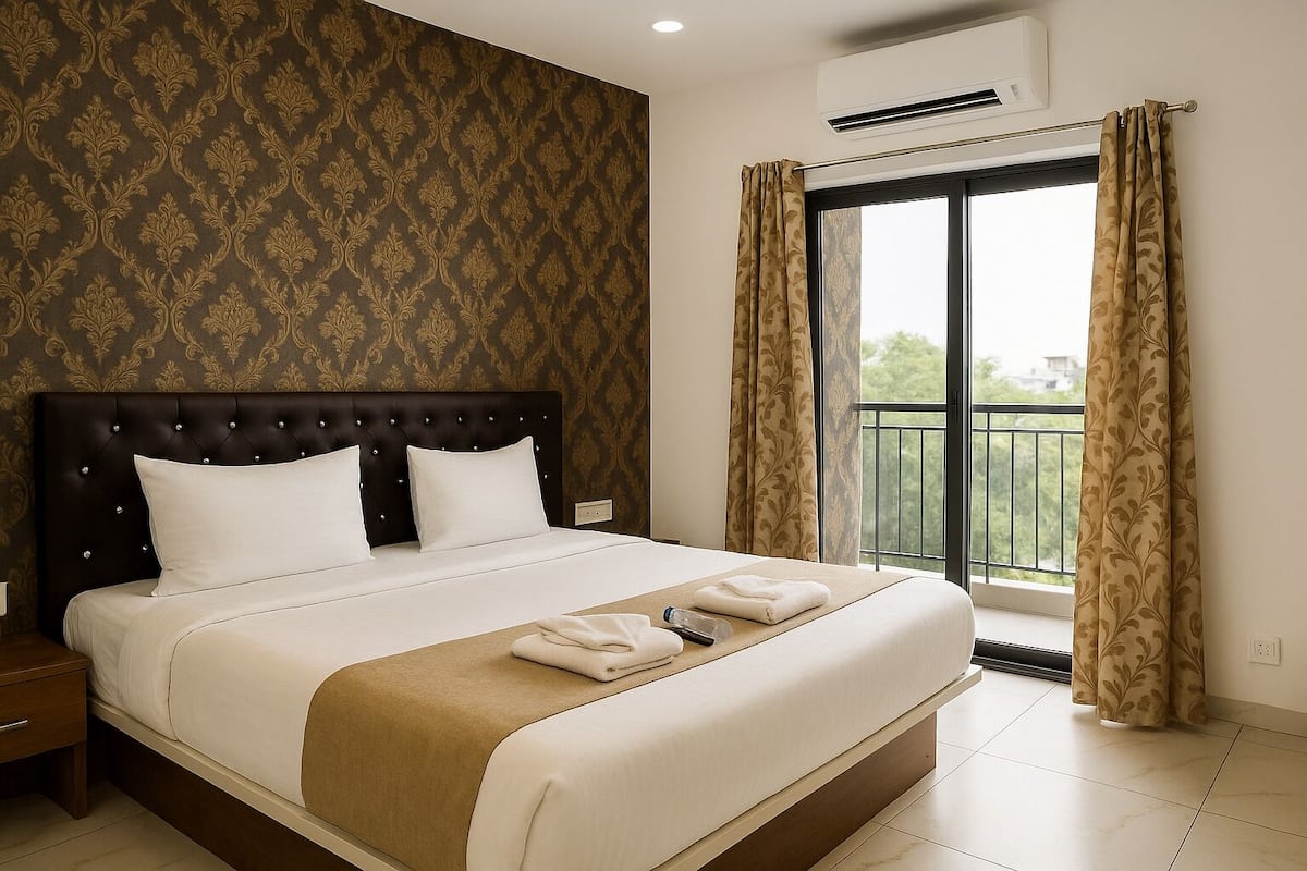 Une chambre d’hôtel avec un grand lit, une tête de lit, une fenêtre avec des rideaux et un appareil de climatisation.