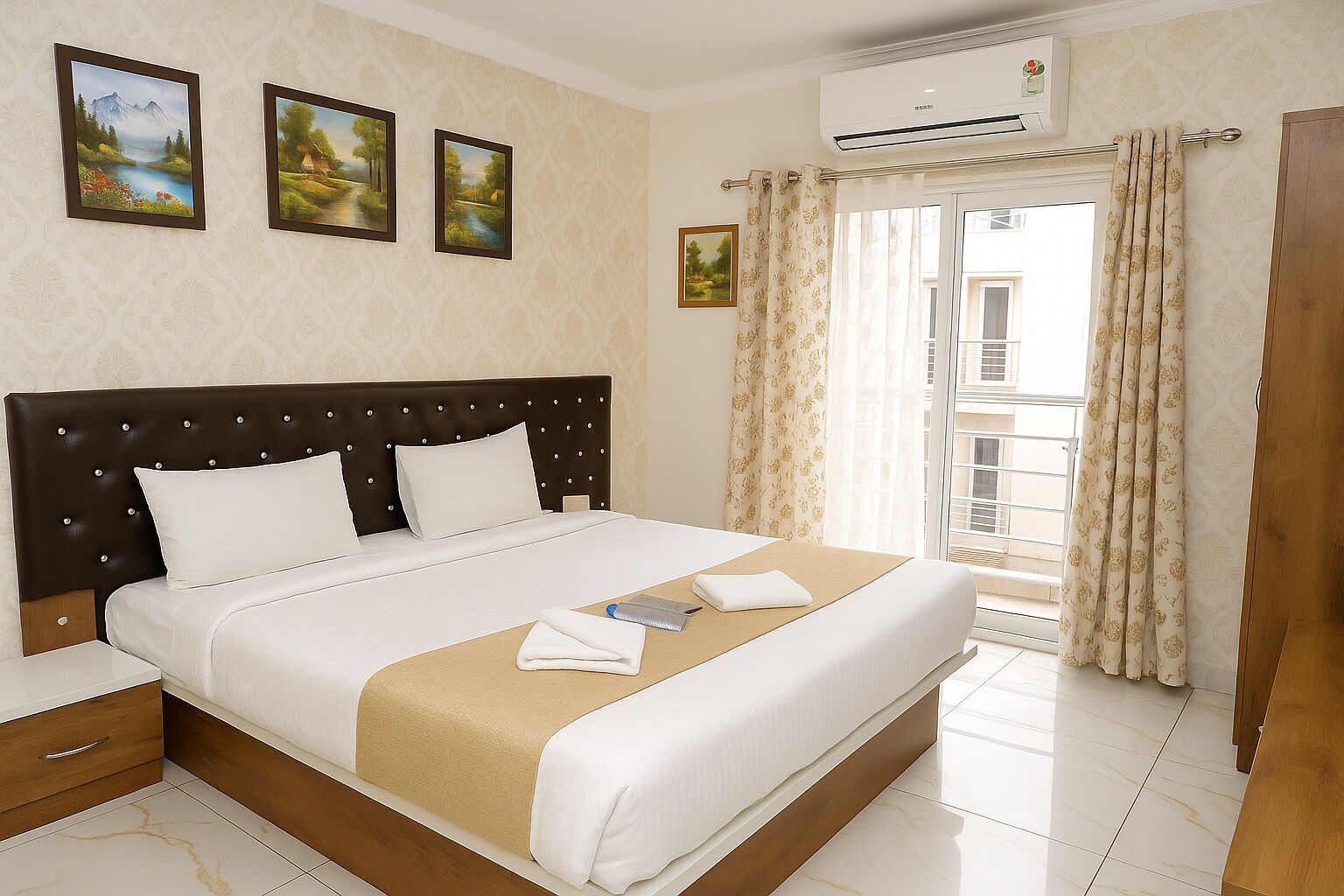 Quarto de hotel com uma cama grande, cabeceira de madeira, mesa de cabeceira, cortinas e três quadros na parede.