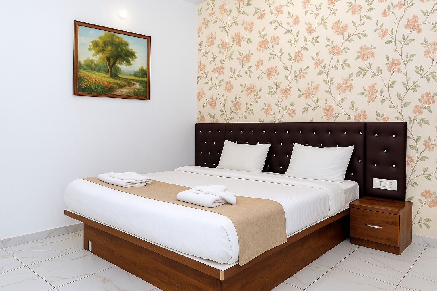 A neatly made bed with white linens and a brown headboard, a small wooden nightstand with a drawer, and a floral wallpaper pattern on the wall.
