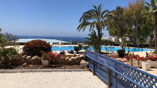 Ein Poolbereich mit Blick aufs Meer, umgeben von Palmen und einer Steinmauer.