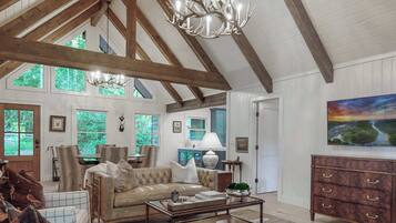 TV, fireplace, books, offices