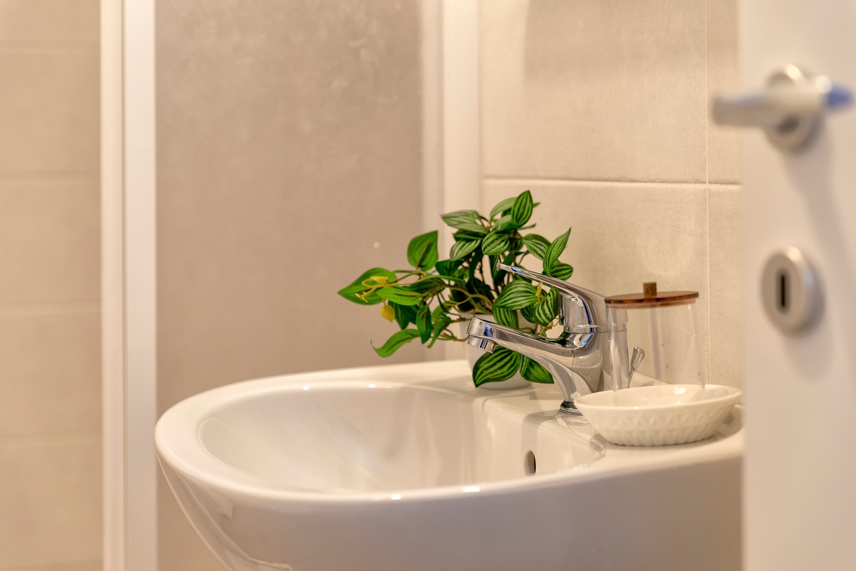 A bathroom sink with a modern faucet, a small bowl, and a potted plant.