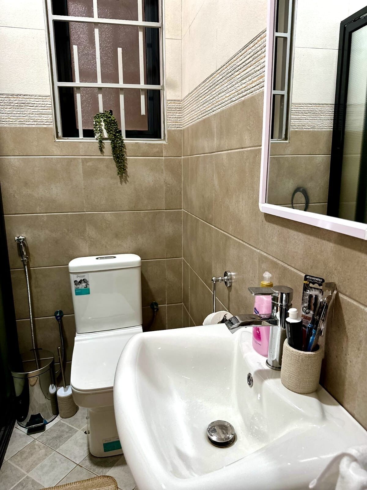 A small bathroom with a white sink, toilet, and shower. There is a window with bars and a plant hanging on the wall.