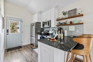 Fridge, microwave, oven, stovetop - Coastal Comfort Redefined | Shem Creek Bungalow (Mount Pleasant)