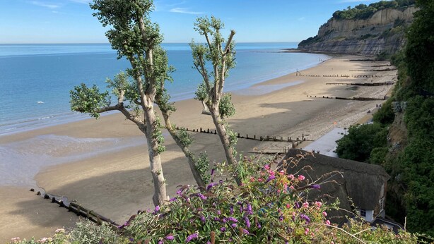 Un paisaje costero con playa, acantilados y un edificio con techo de paja.