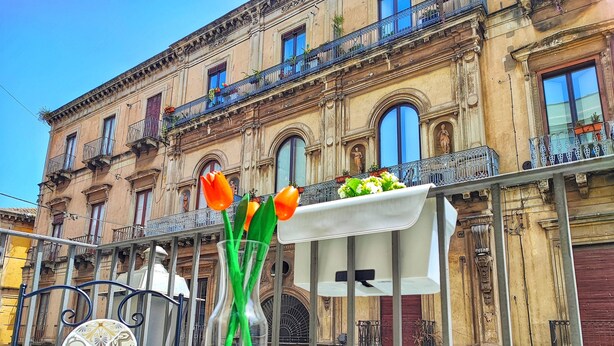 A building facade with ornate architectural details, a balcony with potted plants, and a decorative metal fence.