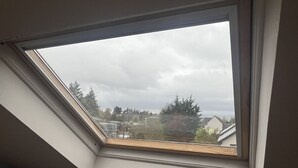 Ett takfönster med utsikt över bostadshus och träd.