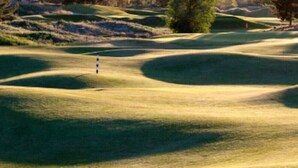Een golfbaan met glooiend terrein en een vlag.