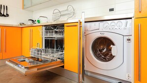 Une cuisine compacte équipée d’un lave-vaisselle et d’un lave-linge à chargement frontal.