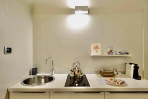 Fridge, toaster, cookware/dishes/utensils