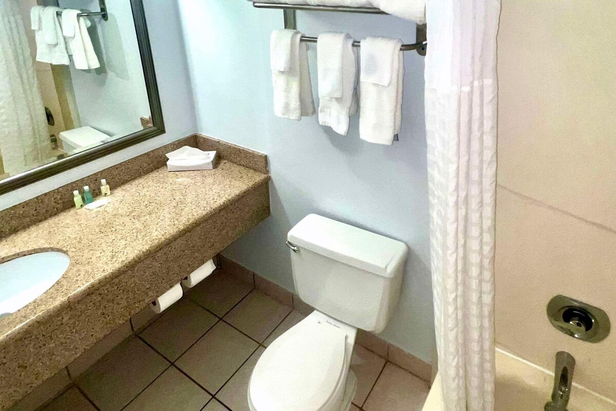 A bathroom with a sink, toilet, and towel rack.