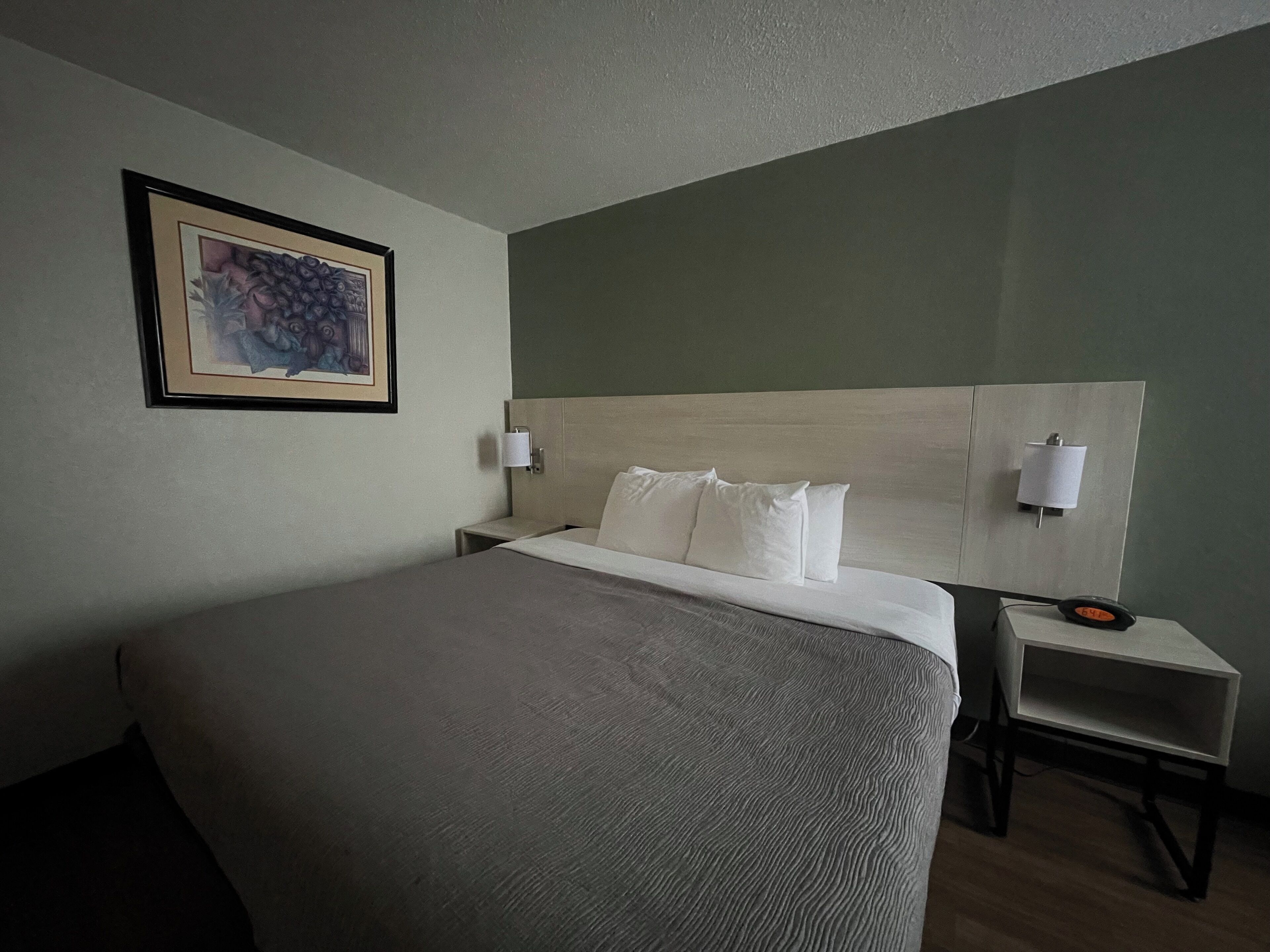 Une chambre d’hôtel avec un grand lit, deux tables de chevet, une tête de lit et une œuvre d’art encadrée accrochée au mur.