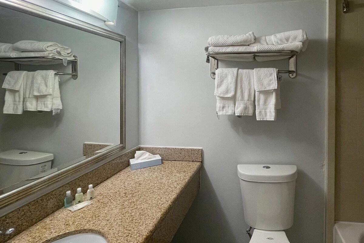Een badkamer met een wastafel, spiegel, toilet en handdoekrek.