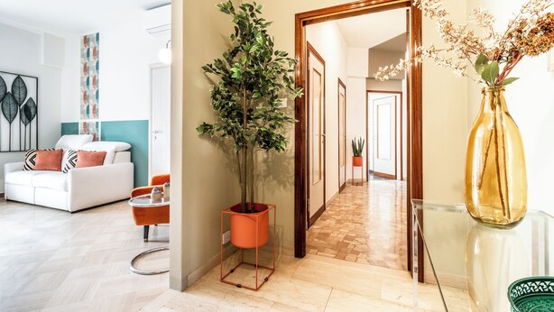 A modern living room with a white sofa, orange armchair, and a potted plant. A hallway with a wooden door and a mirror is visible.