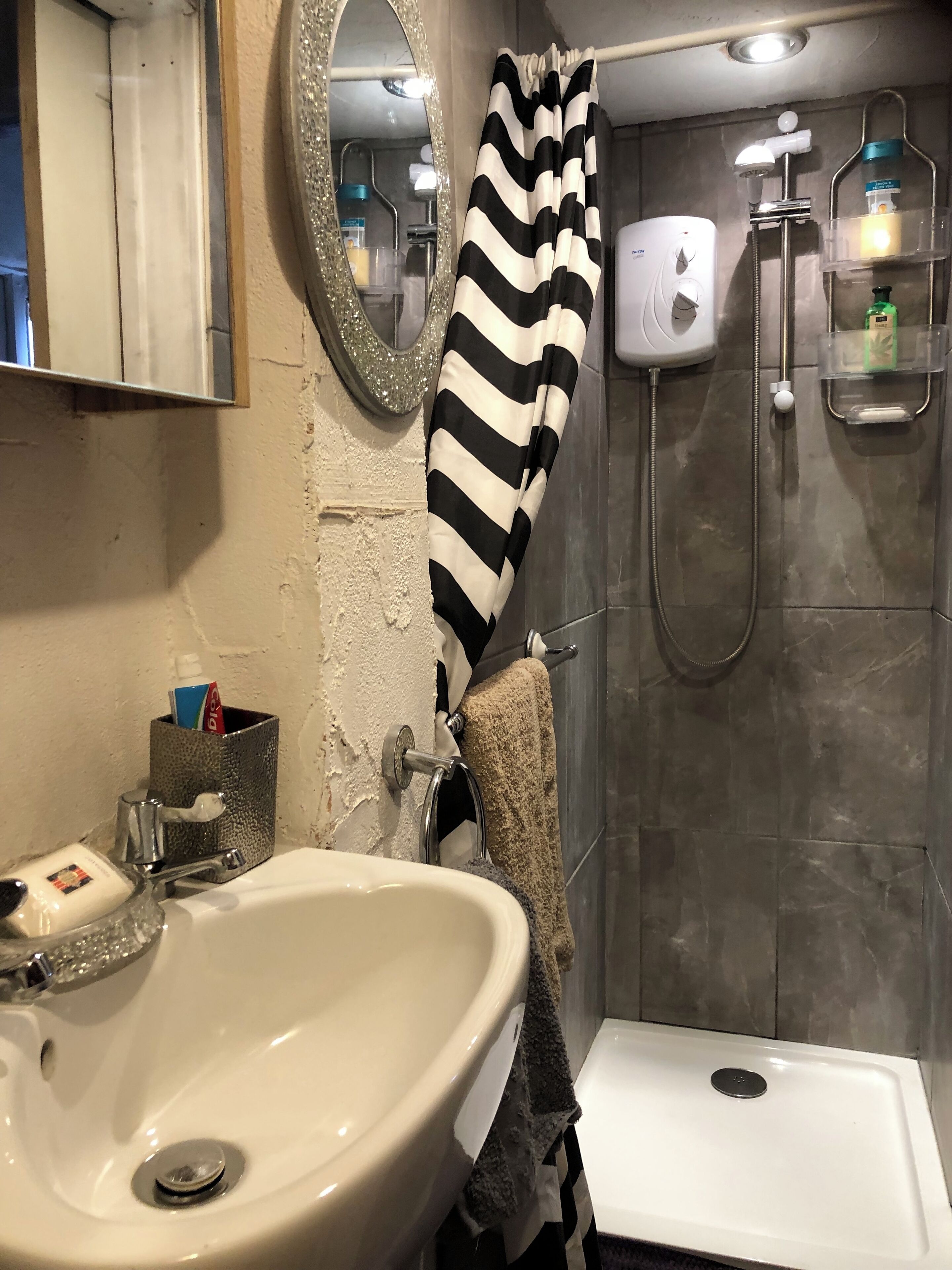 Hair dryer, towels, soap, toilet paper