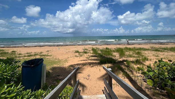 A beach path leading to the ocean with a wooden fence, a trash bin, and some greenery. - Peaceful Apartment in Palmas del Mar (Palmas del Mar)