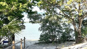 Une plage de sable bordée d’arbres, offrant une vue dégagée sur l’eau.