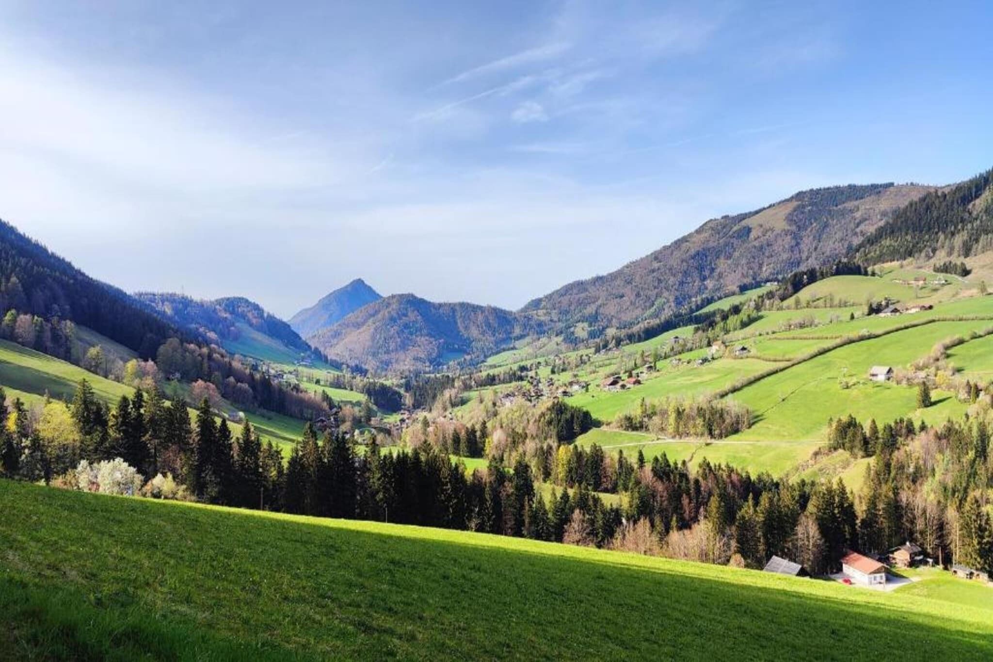 Een panoramisch uitzicht op een berglandschap met groene velden en verspreide huizen.