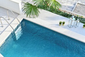 A swimming pool with a metal ladder, surrounded by potted plants and a tiled deck. - Villa Petra with Private pool (Kolan)