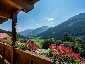 A wooden balcony with a view of a mountainous landscape, a village below, and vibrant pink flowers in the foreground.