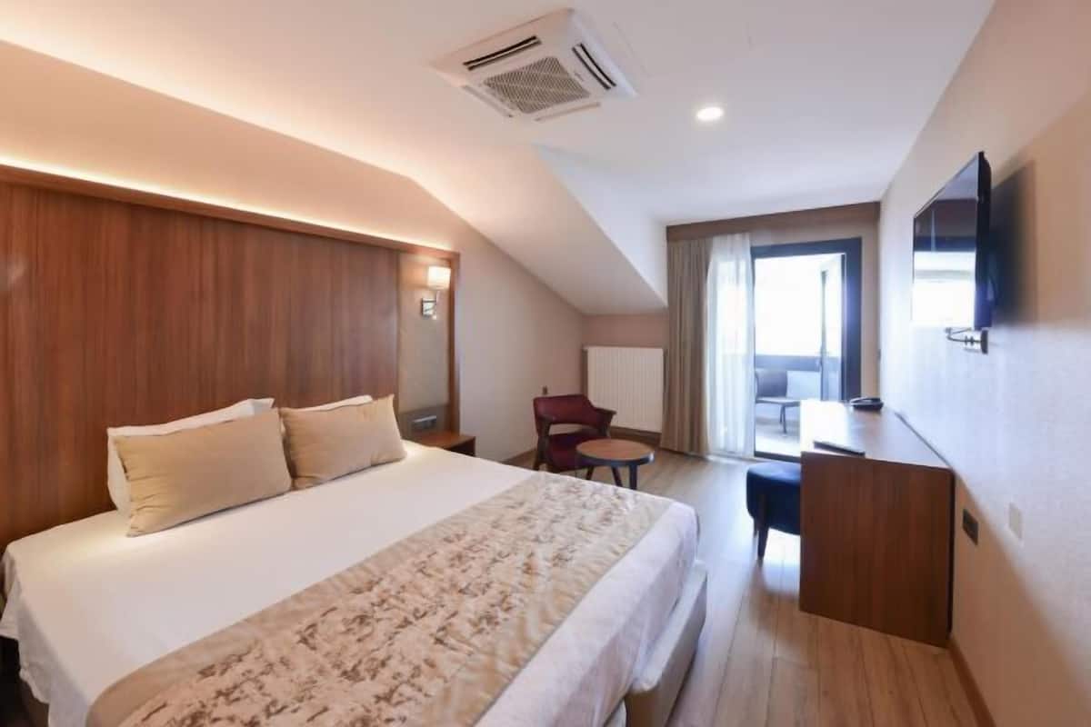 Una habitación de hotel con cama, escritorio, silla y televisión.