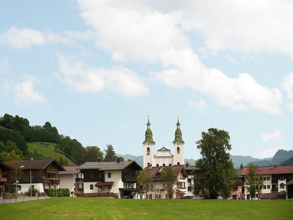 A church with two green spires, surrounded by residential buildings and a grassy field.