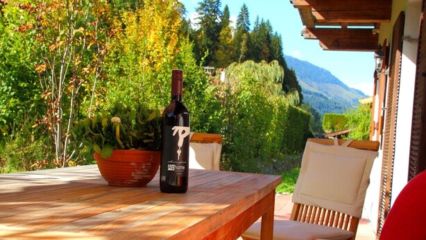 Una mesa de madera con una botella de vino, una planta en maceta y vistas a un paisaje montañoso.