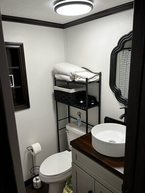 Shower, hair dryer, towels, toilet paper