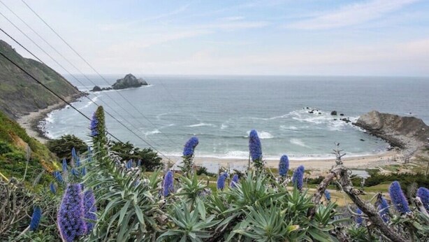A coastal landscape with a view of the ocean and a rocky shoreline.