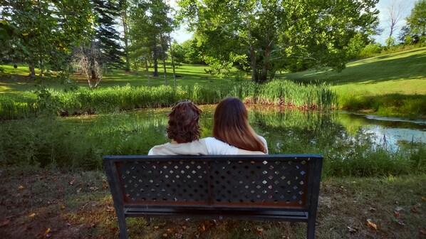 A bench in a park with a pond and trees. - Starlit Hot Tub & Fire Pit | Modern Cabin for Two (Logan)