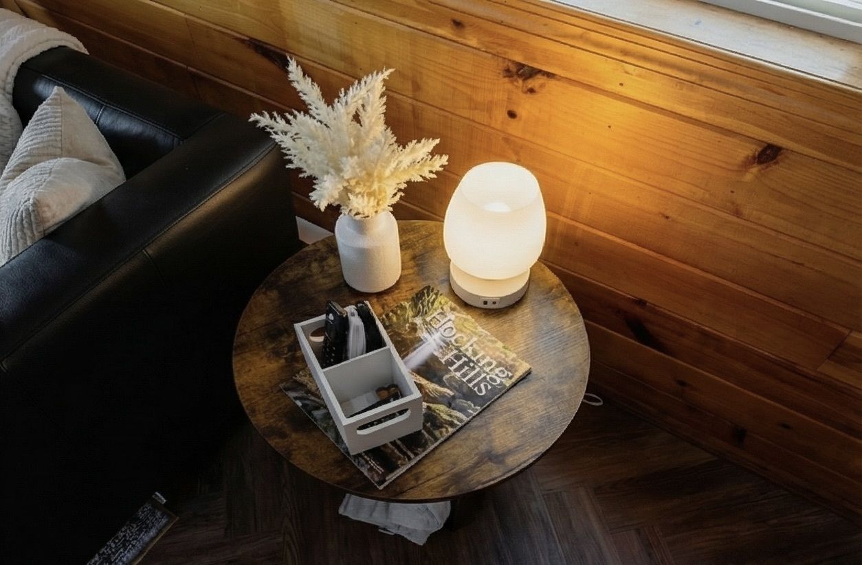 Une table ronde en bois, sur laquelle se trouvent un vase blanc, une plante décorative, un magazine et une lampe blanche.