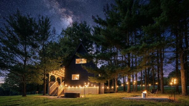 Een chalet met een trap, een terras en lichtjes.