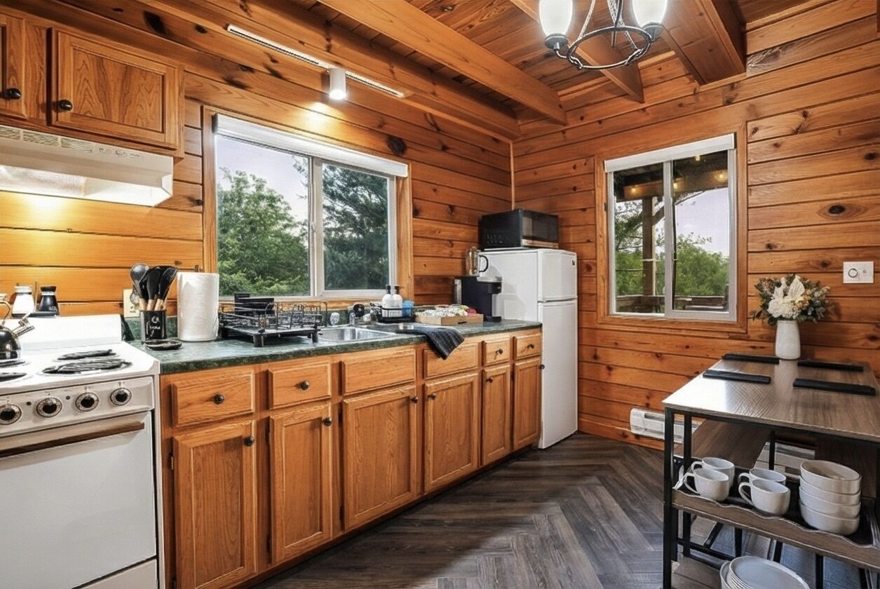 A wooden cabin-style kitchen with a stove, refrigerator, and large windows.