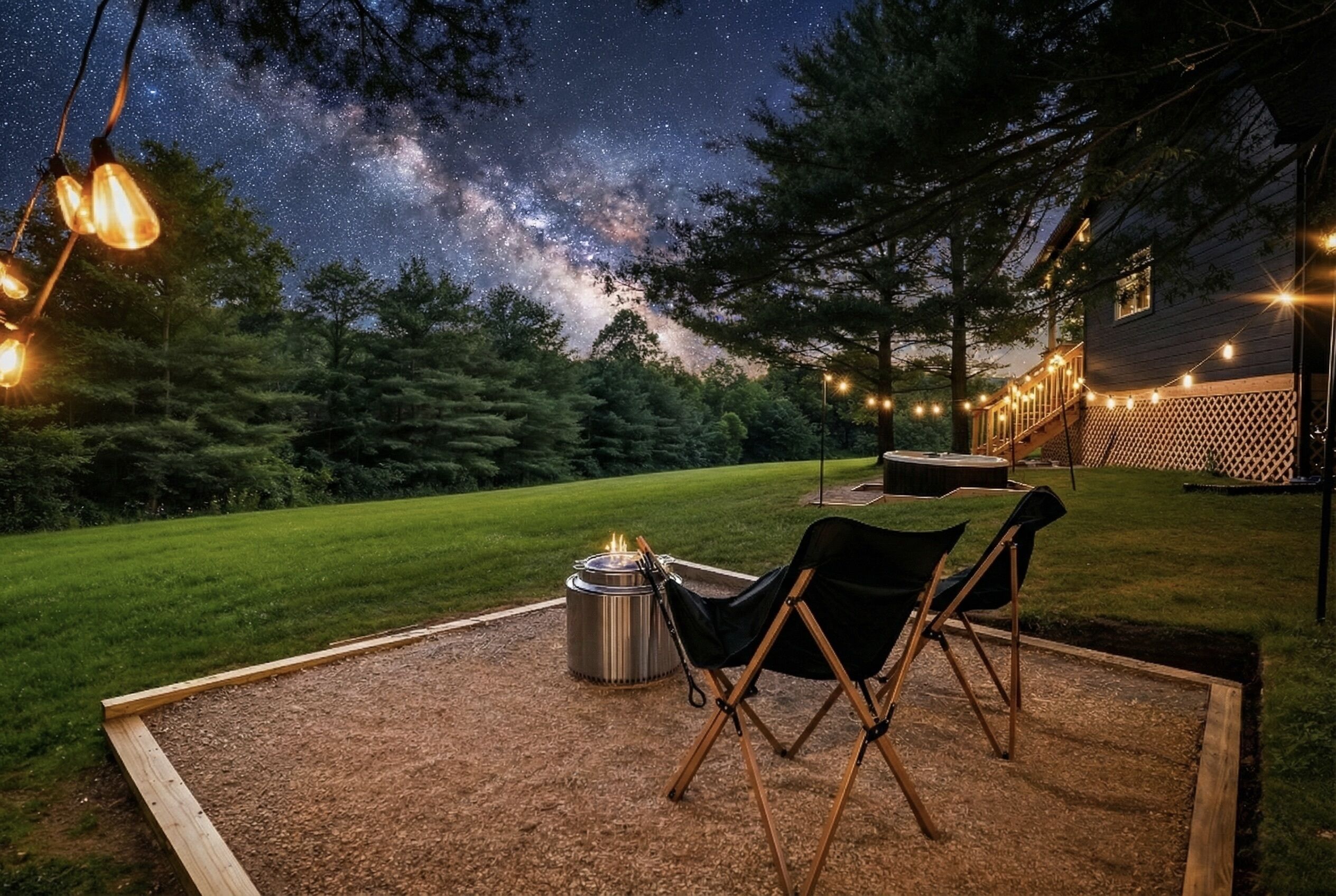 A patio with a fire pit, chairs, and string lights under a starry night sky.